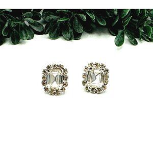 Vintage Clear Cut Crystal Halo Stud Earrings Silver Tone